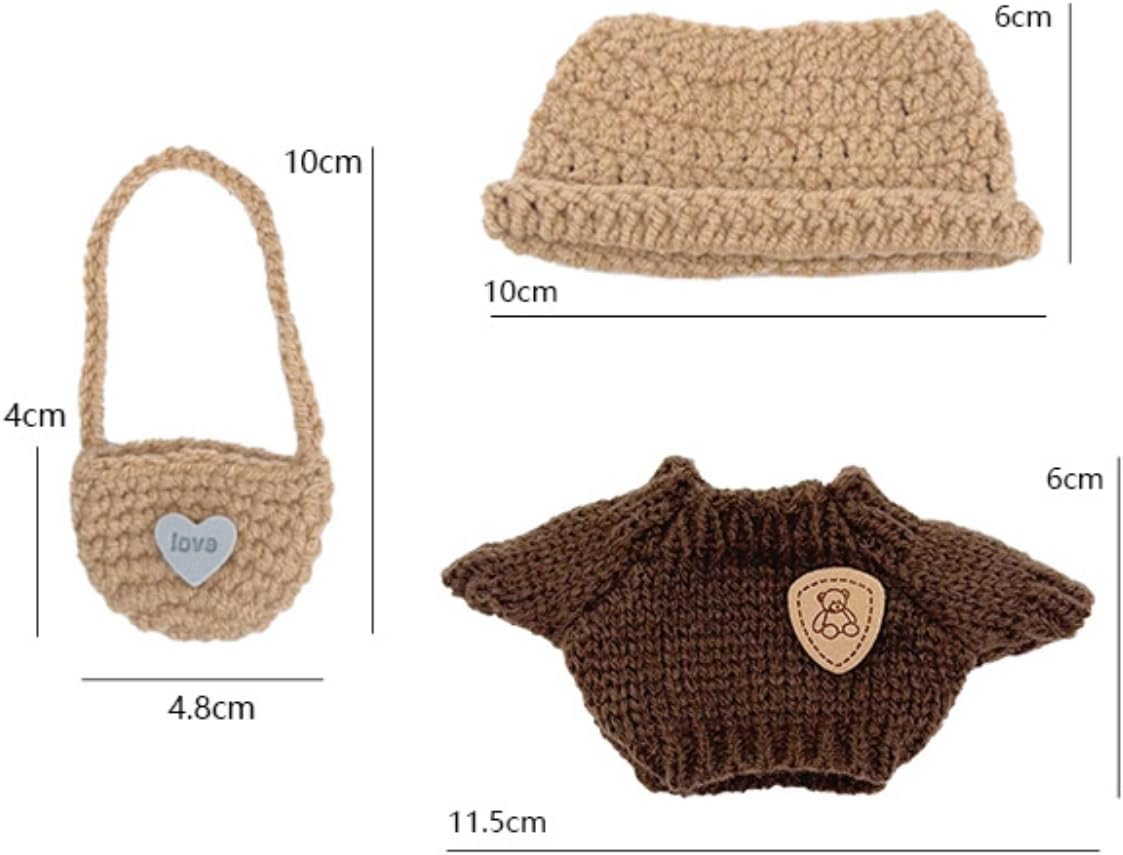 17cm Doll Clothes Set (NO Doll), Hat & Overalls Set for 17cm Accessories Suit, Cute Clothes for Dress up Unique Style (6PC-Pink) (3-pc Knitted-Brown)