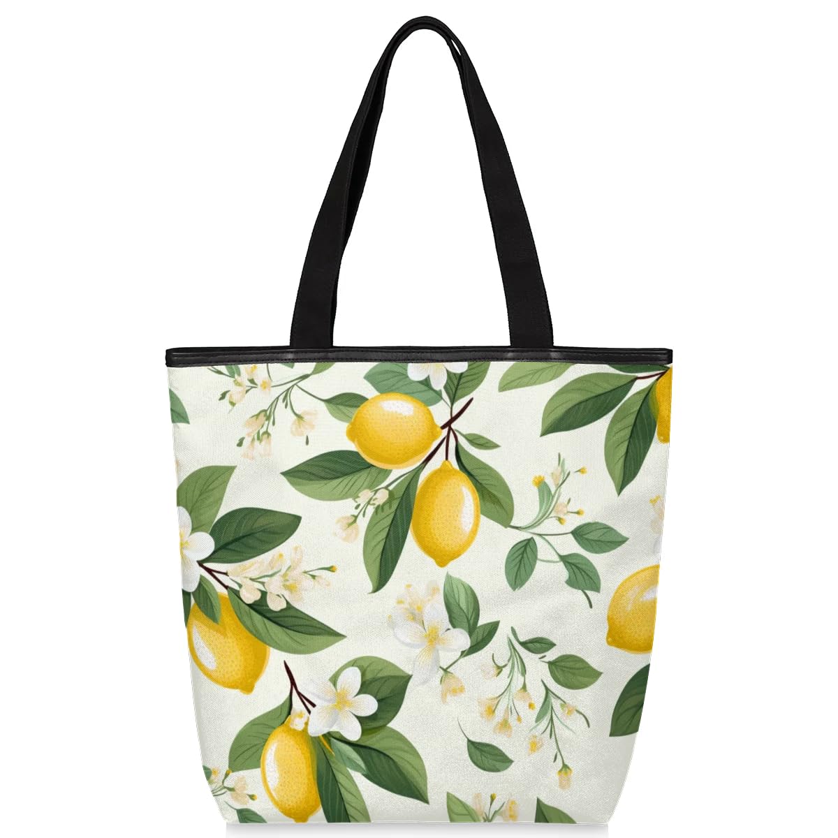 Mularoka Watercolour Lemon Leaf Flower Canvas Tote Bag with Zipper and Pockets Canvas Tote Shopping Bag Women Reusable Grocery Bag for Beach Travel Gym Shopping