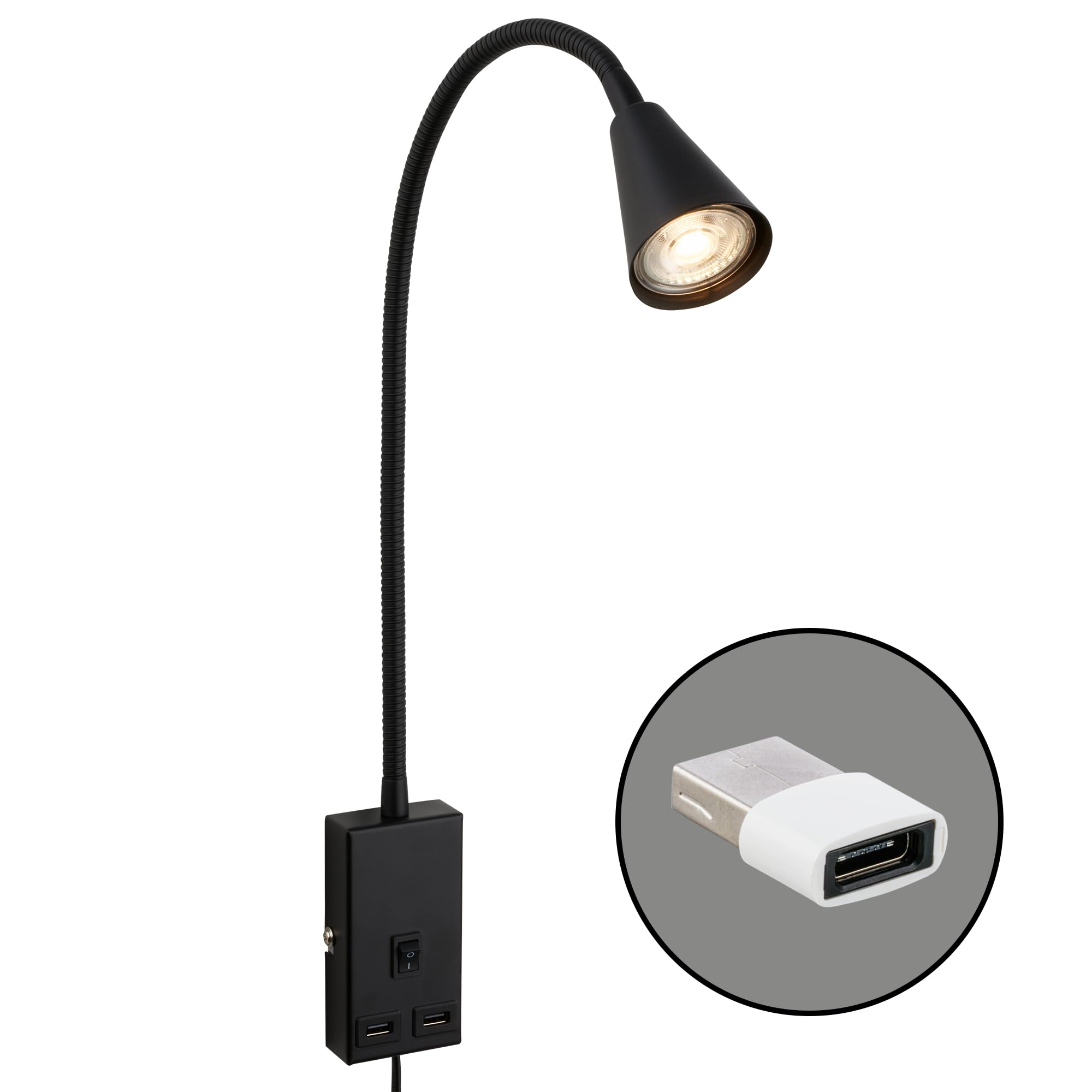 Briloner - Lámpara de lectura con puerto USB, interruptor on/off, giratorio, enchufe, aplique de interior, lámpara de pared, lámpara de cama, 50 cm de altura, negro