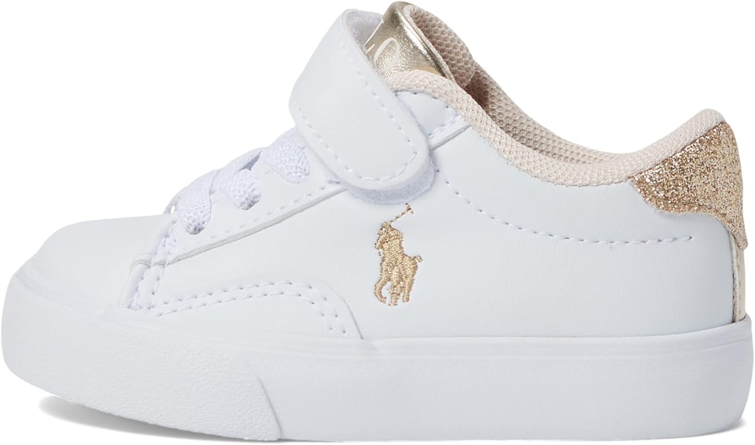 POLO RALPH LAUREN Baby Girl's Theron V PS (Toddler) White Smooth Pu/Gold Metallic/Glitter/Gold Pony Player 4 Toddler M