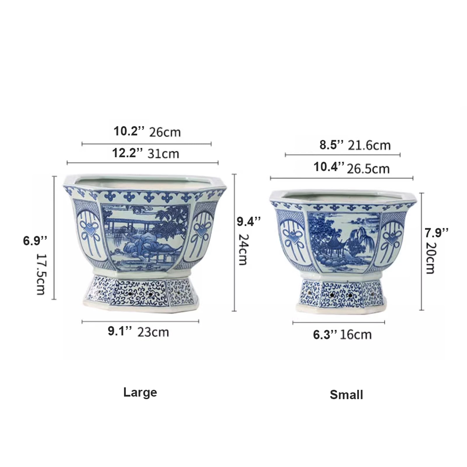Niebieski i biały sześciokątny kwiatowy porcelanowy doniczka Chinoiserie Jingdezhen ceramiczna doniczka z otworem drenażowym chiński azjatycki design doniczka do wewnątrz i na zewnątrz