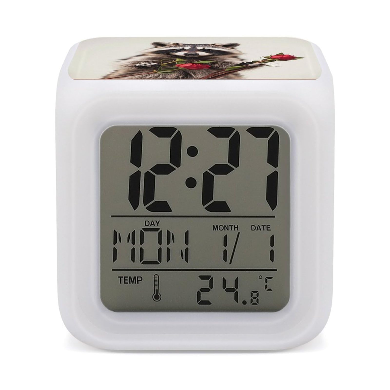 FekiLoot Funny Raccoon Alarm Clock for Heavy Sleepers Small Digital Alarm Clock with Date Temperature Wake Up Digital Clocks with 7 Colors Changing Desk Clocks for Bedroom Bedside Nightstand