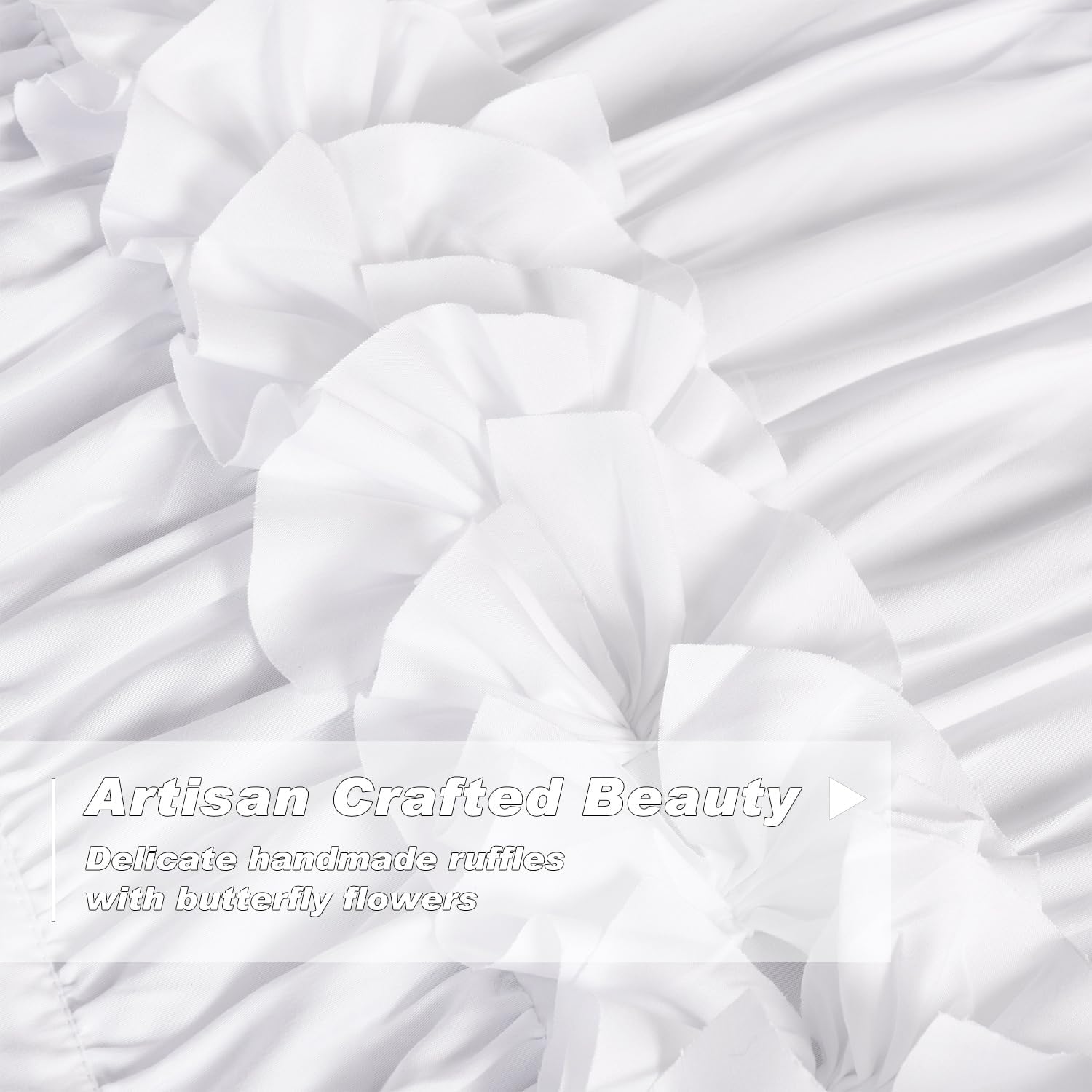 White Blackout Drapes - Handmade Ruffles & Butterfly Flower Accents Heat Blocking Window Curtain 42" W x 63" L (Pair) - Thermal Insulated, Soundproof & Light Reducing Curtains (LQ-37)