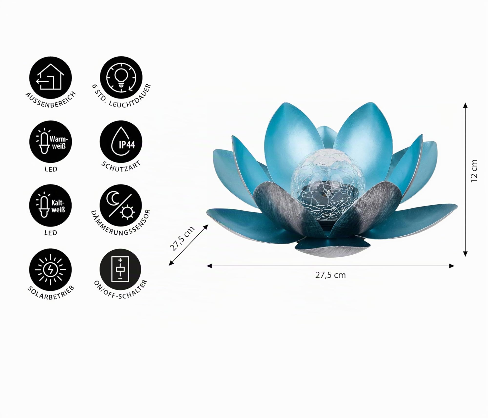 Dehner Lampada Solare Lotus | Decorazione Solare, Illuminazione da Giardino, Decorazione per Esterni, Metallo, Diametro 27,5 cm, Argento/Blu