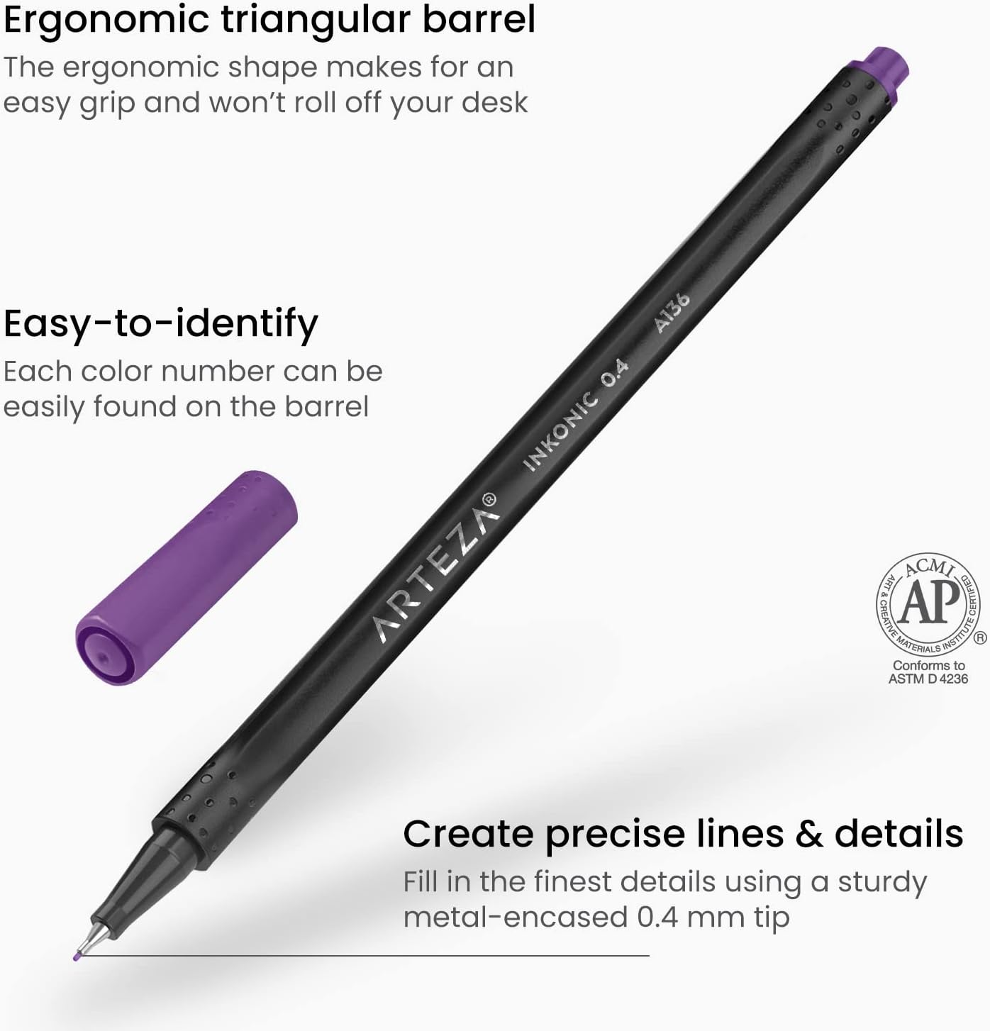 ARTEZA Inkonic Fineliner Pens, Set of 48, 0.4 mm Fine Tip Markers for Drawing, Journaling, Coloring & Note Taking
