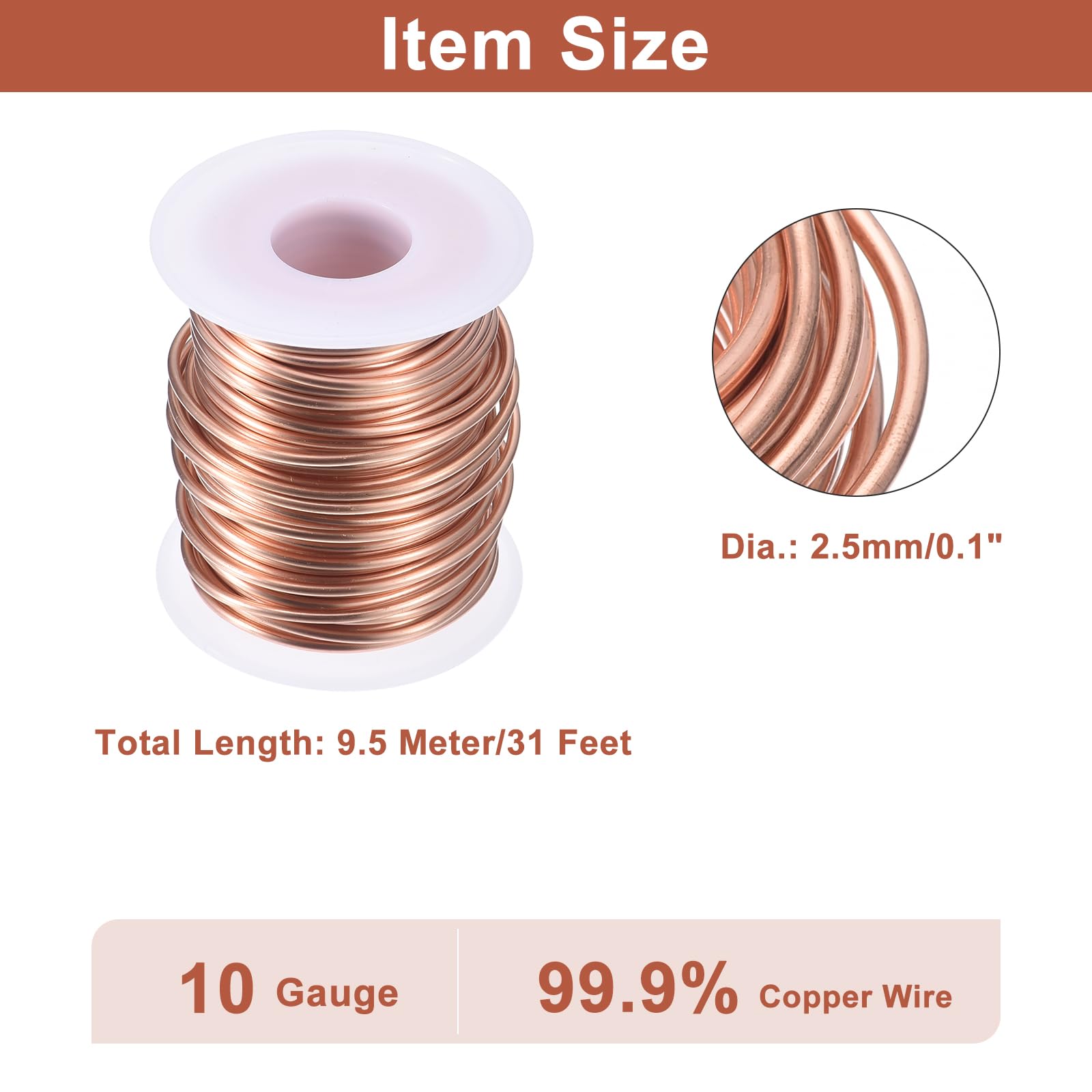 QUARKZMAN Fil De Cuivre Souple (10 Gauge, 31 FT), Fil De Cuivre Nu 99,9% naturel 2,5mm Fil Solide Pour DIY Décoration Jardinage (9,5Mètre)