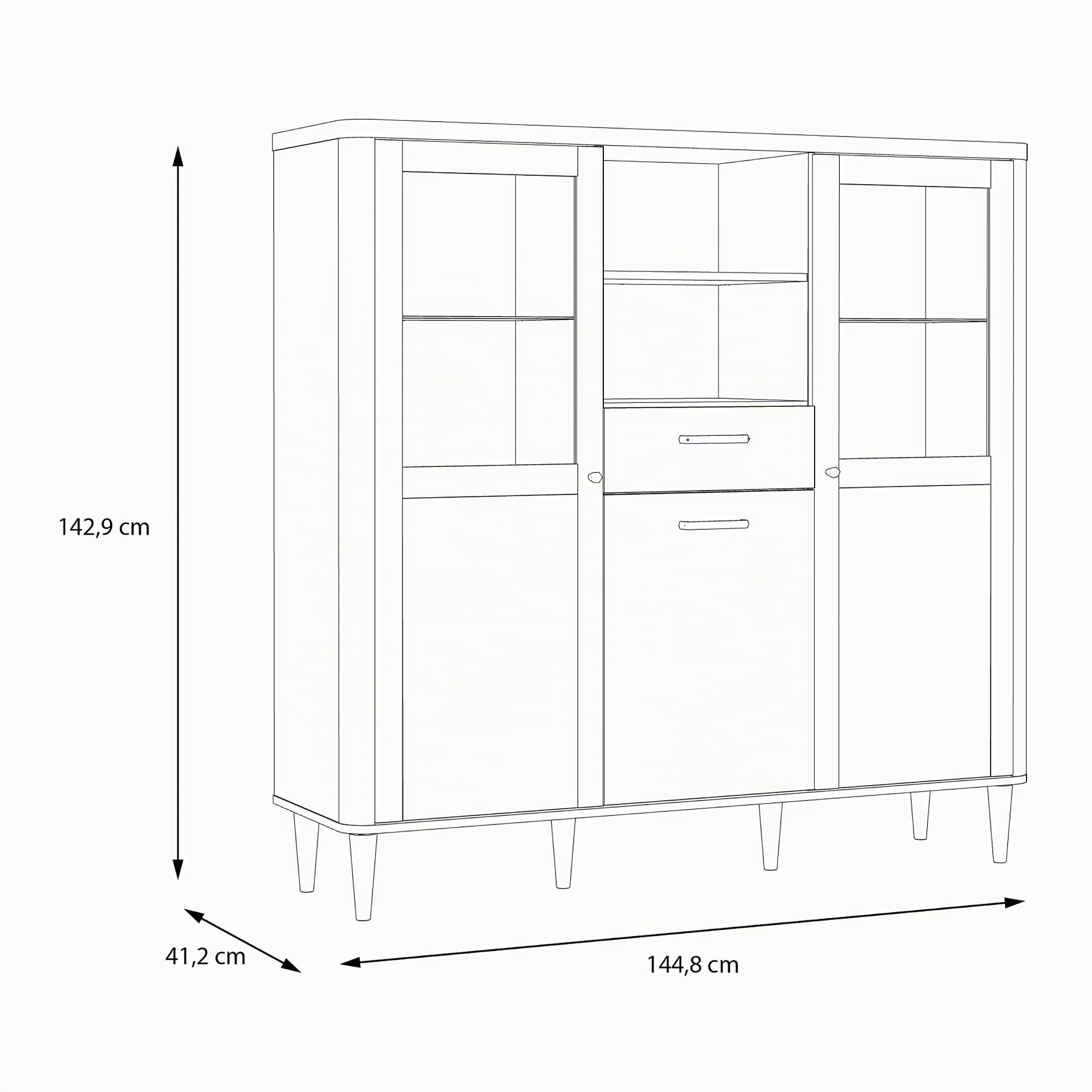 Forte LACETTI Highboardvitrine 150, Moderne Wohnzimmervitrine mit Skandi Lamellen Design, 3-türig, 1 Schublade, Kaschmir|Beige|Valencia Eiche Holzdekor, 144,8 cm breit x 142,9 cm hoch x 41,2 cm tief