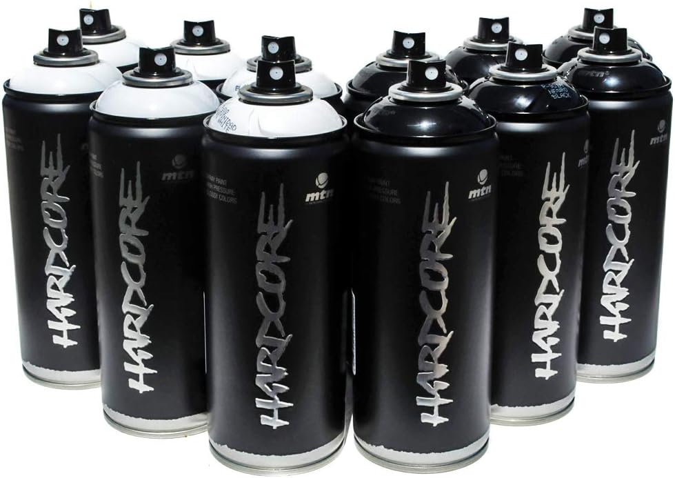 MTN Hardcore 2 400ml Artist Set of 12 Spray Paint for Graffiti Mural Street Art (Black and White)