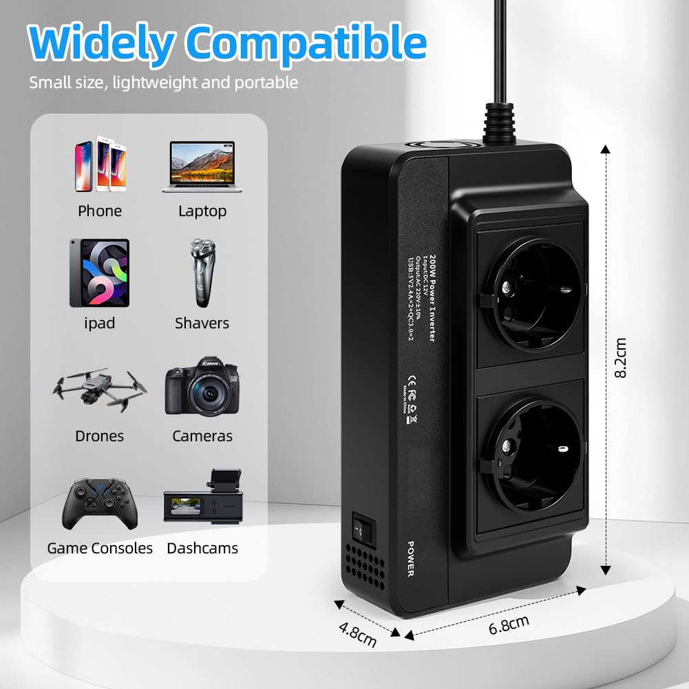 URAQT Convertisseur 12V CC à 230V CA 200W, Prise Allume Cigare Transformateur de Tension avec 2 Prises AC EU et 4 Ports USB, Écran LCD Numérique Chargeur Voiture Camping Car avec Multi-Protections - 2