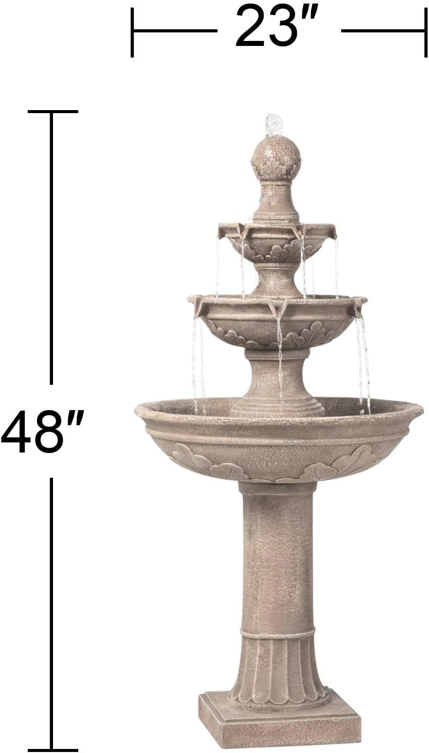 Dimensions of the John Timberland Stafford 3-Tier Fountain: 48 inches high and 23 inches wide.