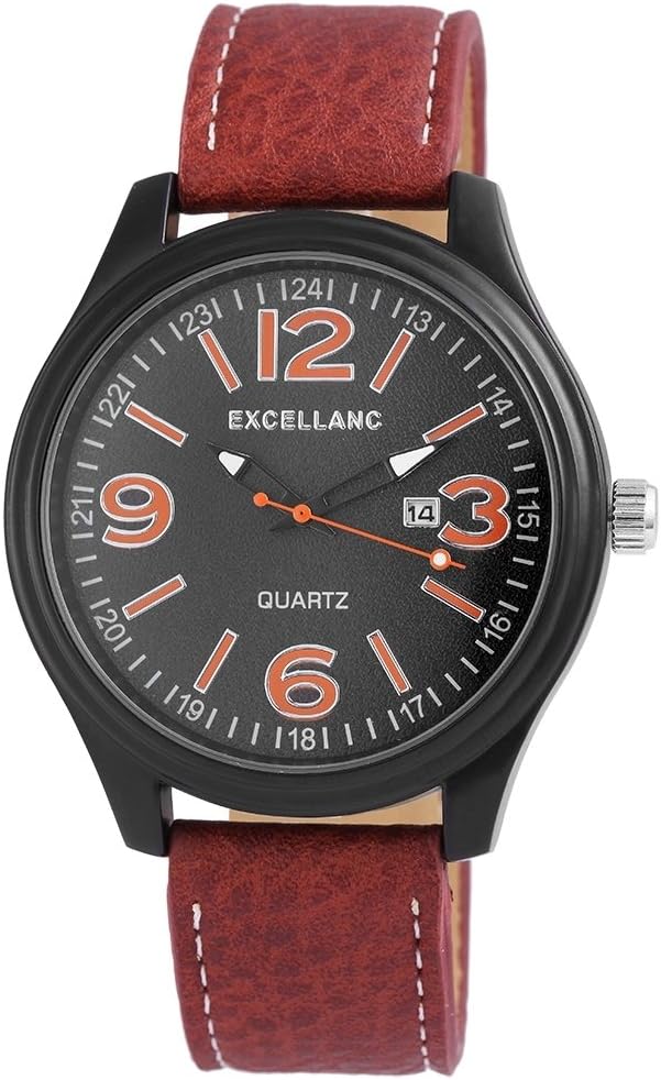 Exce Llanc Men's Watch Analogue Quartz Wrist Watch Black and Metal Housing Round Duct Tape 48 mm x 12 mm with 24 x 22 mm Pin Buckle Leather Bracelet, Black Dial with Date Display 295171200014