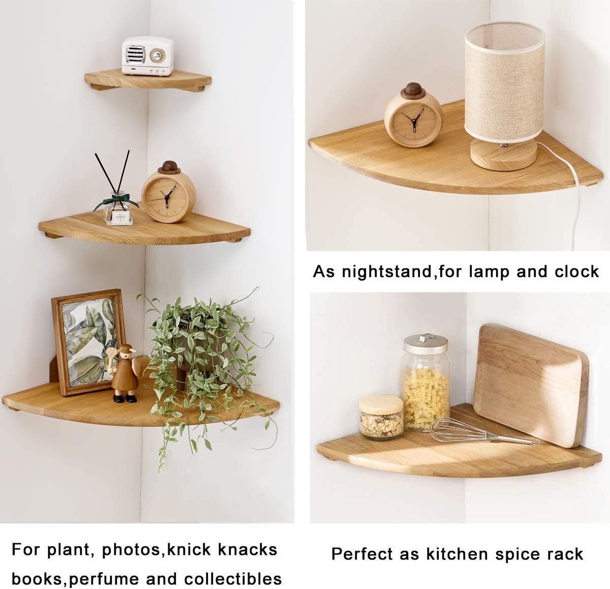 Corner Shelves Wall Mount, 10inch Oak Wood Floating Corner Shelves Set of 2 Round End Small Plant Shelf Wall Mount for Kitchen, Living Room, Bedroom…
