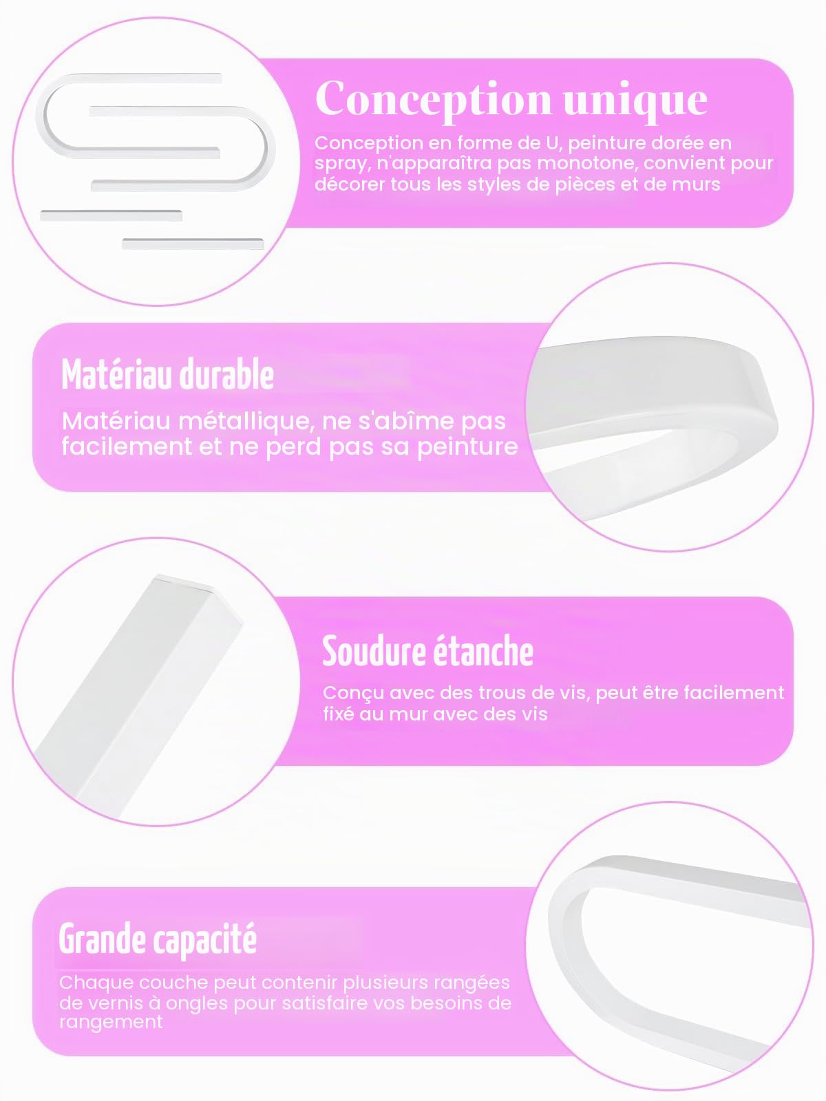 Kalolary Étagère murale en métal en forme de U pour vernis à ongles, cosmétiques, rouge à lèvres, parfum, huiles essentielles, pour bouteilles de vernis à ongles, spa, salon de manucure