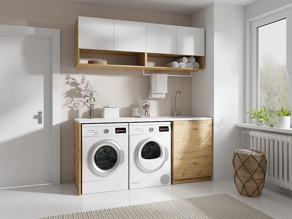 Vente-unique - Meubles de buanderie pour Machine à Laver avec Plan de Travail - L182 cm - Blanc et Naturel Clair - NATAJI