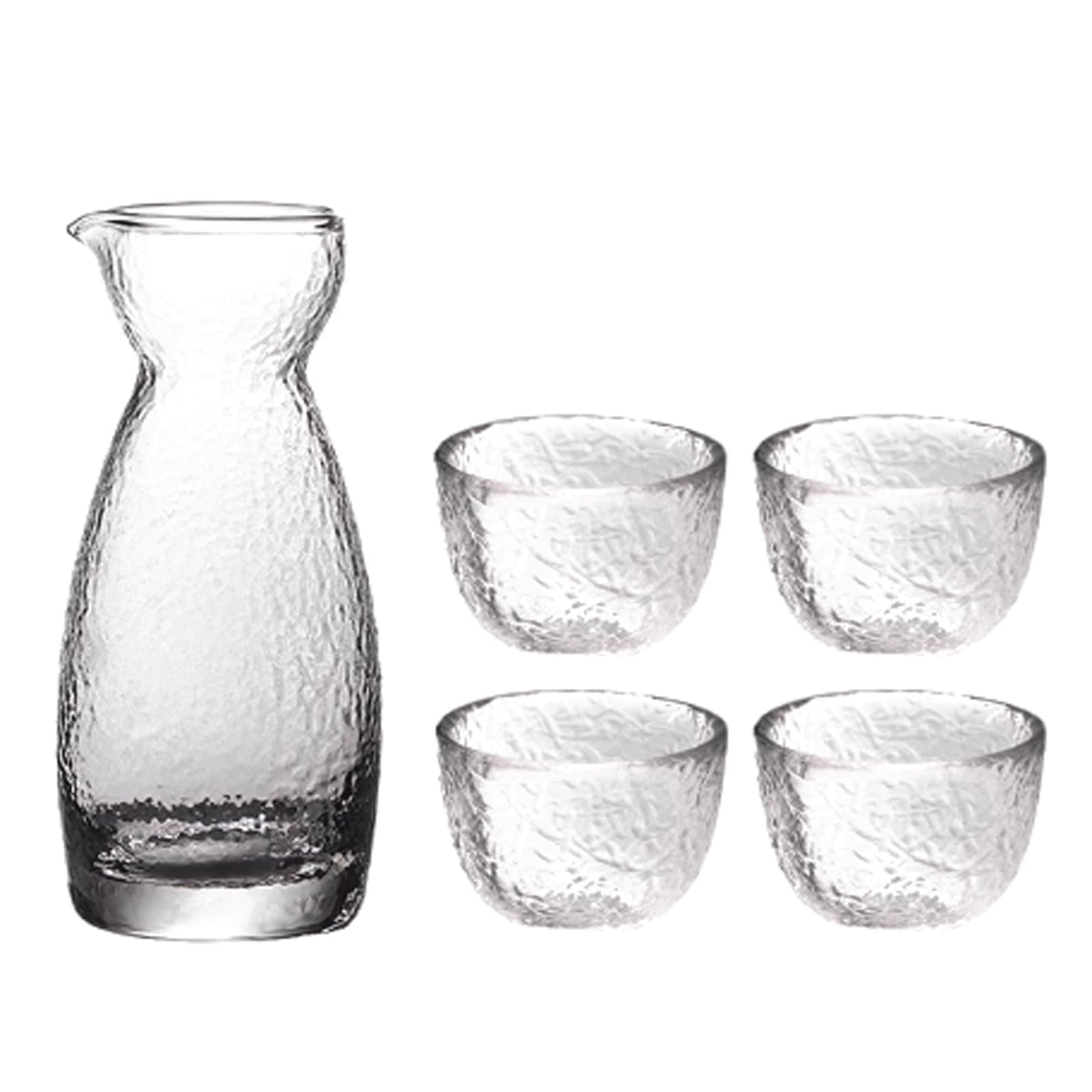 Ensemble de Tasses à saké en Verre, Tasses Transparentes Faites à la Main, Ensemble de saké en Verre Mat martelé, Un Pot, Quatre Verres à vin Tasse à saké