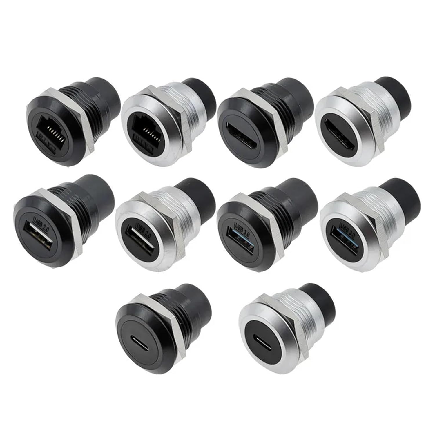 1Pcs Metal Round Socket Modules D Type RJ45 Straight Through Network USB2.0 Connector Panel Mounting(CAT6 Silver)