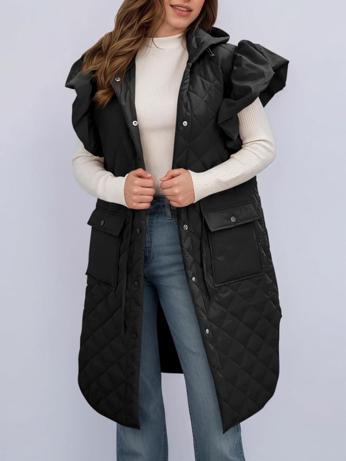 Tankaneo Womens Long Puffer Vest Ruffle Sleeve Winter Coats Hood Sleeveless Quilted Jackets Outwear - Image 2