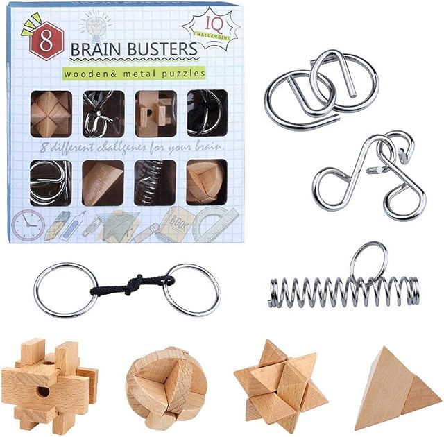 Yideng Brain Teasers Metal Puzzle & Wooden Puzzle Set IQ Test Mind Game Toys 3D Metal Wire Puzzles Magic Trick Educational Intelligence Puzzles Toy Jigsaw Puzzle for Kids Students Adults (8pcs)