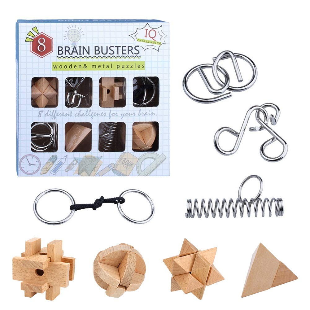 Yideng Brain Teasers Metal Puzzle & Wooden Puzzle Set IQ Test Mind Game Toys 3D Metal Wire Puzzles Magic Trick Educational Intelligence Puzzles Toy Jigsaw Puzzle for Kids Students Adults (8pcs)