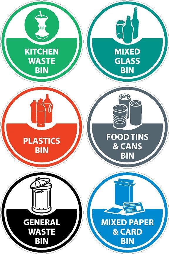 Set of Recycling bin stickers - Pack of 6 stickers 100mm x 100mm on an A4 sheet. 1 General waste, 1 Mixed paper & Card, 1 Kitchen waste, 1 Mixed glass, 1 Plastics, 1 Food tins and cans signs