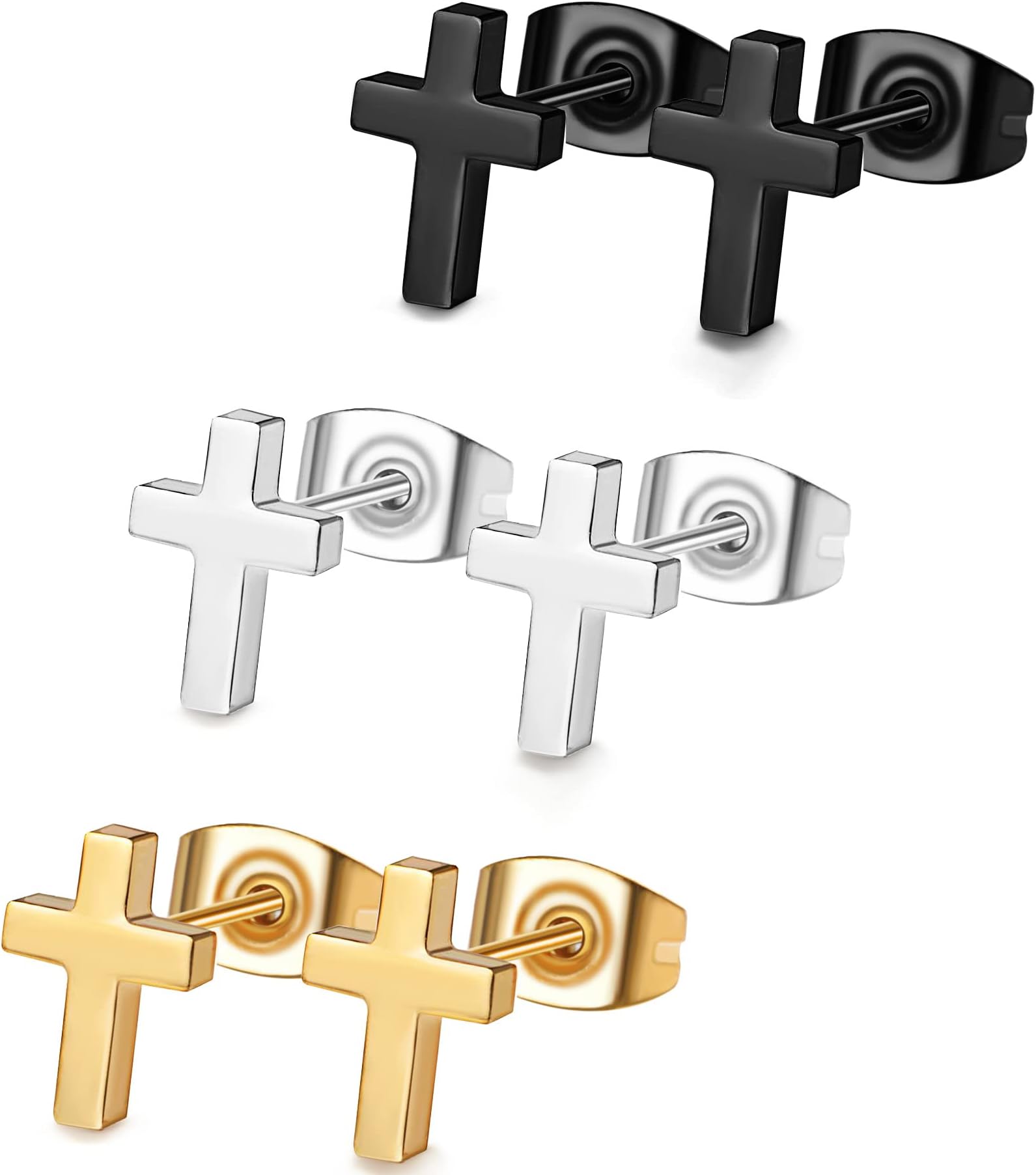 FUNRUN JEWELRYFUNRUN JEWELRY Cross Earrings for Women Men Hypoallergenic Stainless Steel Gold Black Cross Stud Earrings Set,3 Pairs