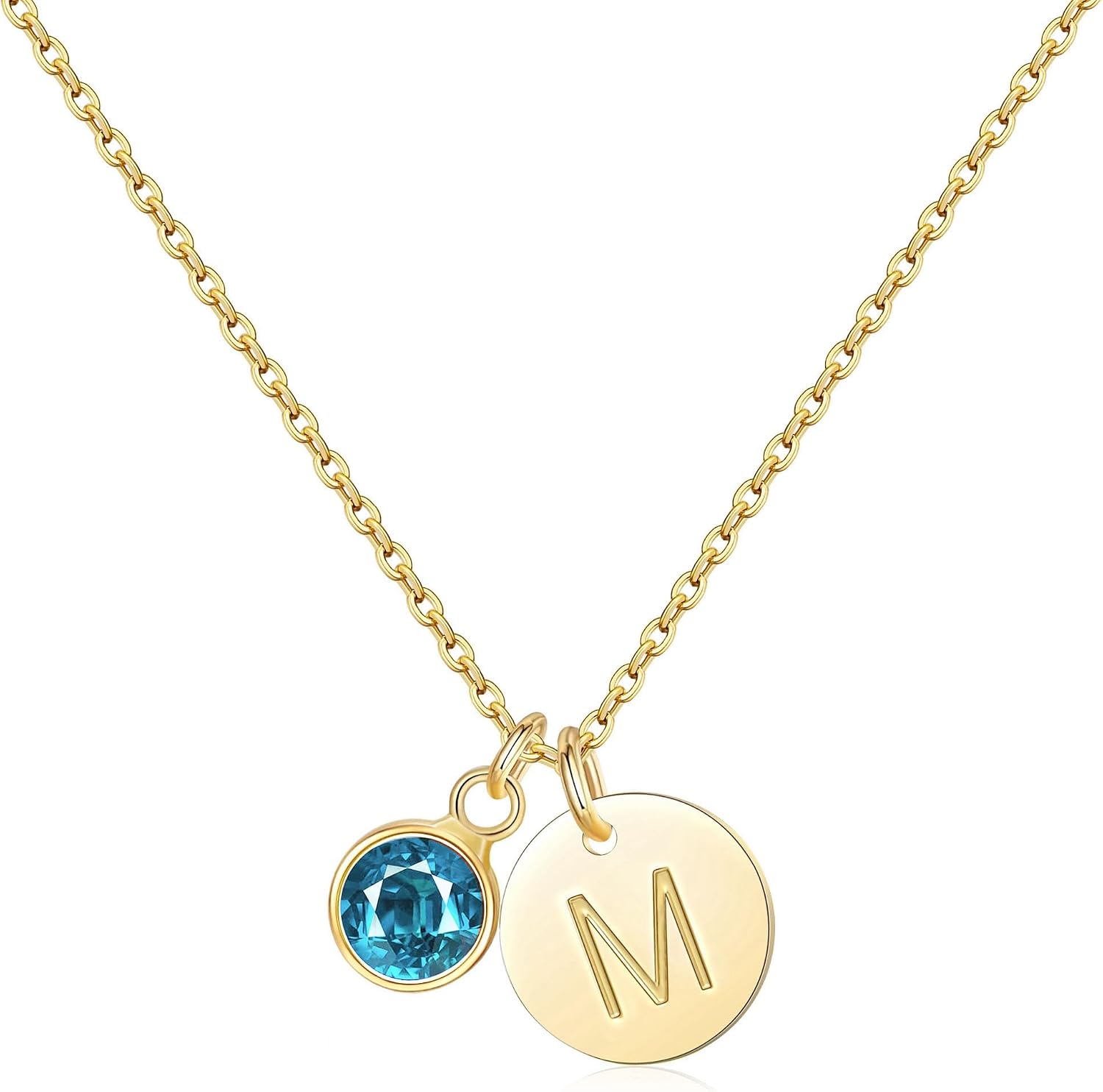 RLMOON Christmas Gifts Stocking Stuffers for Teen Initial Birthstone Necklaces for Women Dainty 14K Gold Plated Initial Necklace Letter A-Z Pendant CZ Personalized Birthstone Jewelry Birthday Gift
