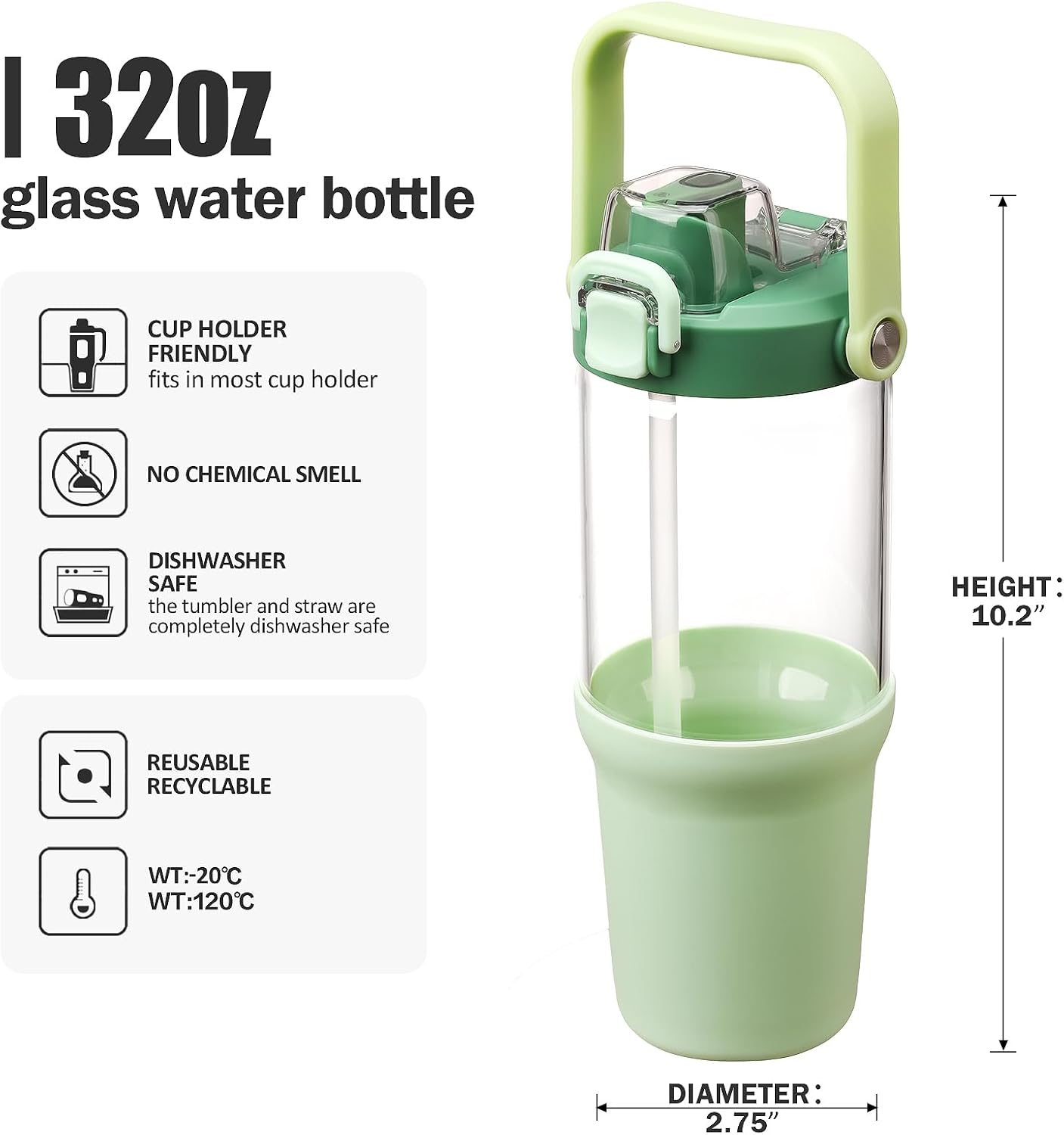 Glass Tumbler with Carry Handle, Clear Glass Water Bottle with Leakproof Lid, Spout Lid&Straw, BPA-Free, 32 oz, Light Green