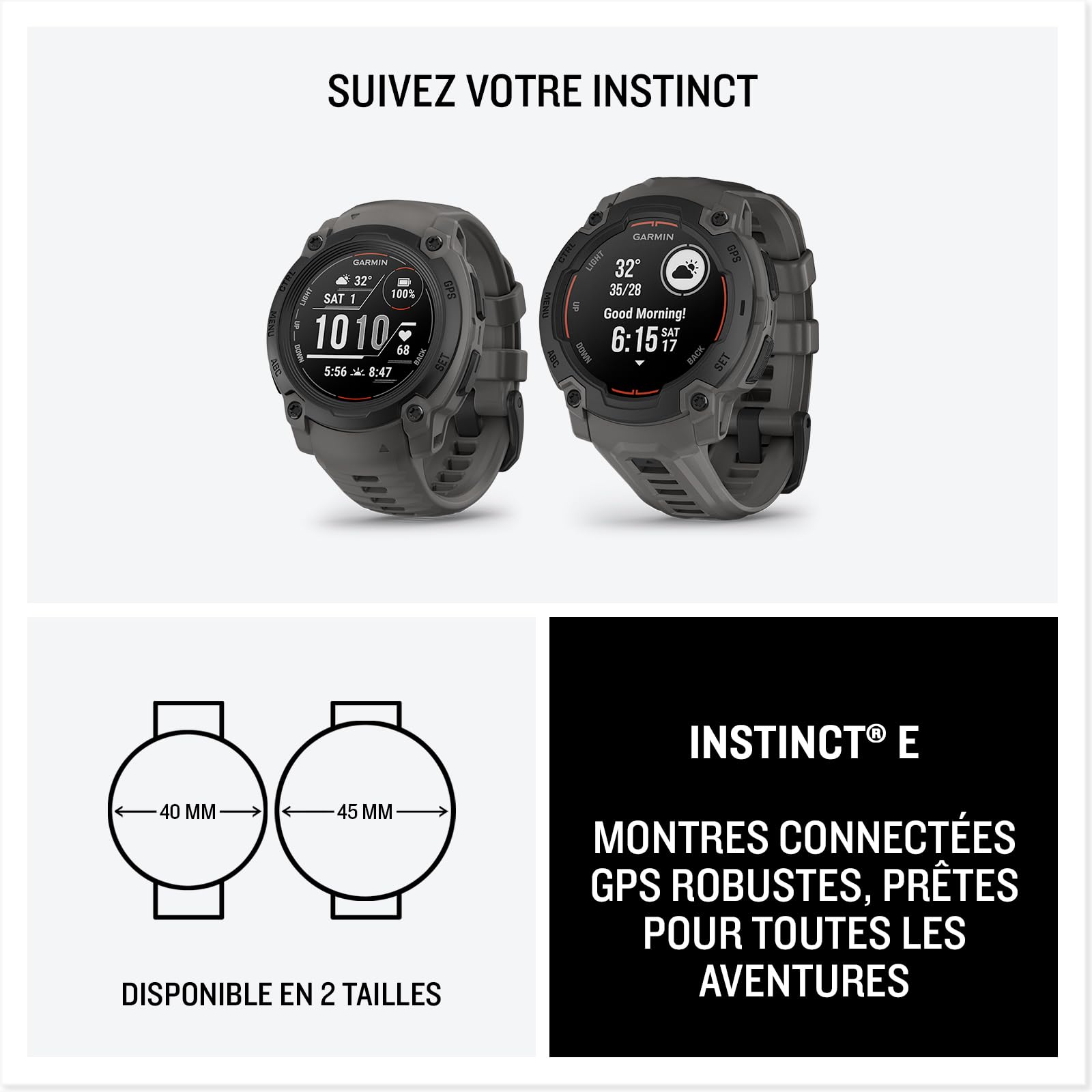 Garmin [renewed Instinct E - Montre GPS Robuste et connectée – Noir avec Bracelet Gris Charbon – Boîtier 40 mm, (Reconditionné)