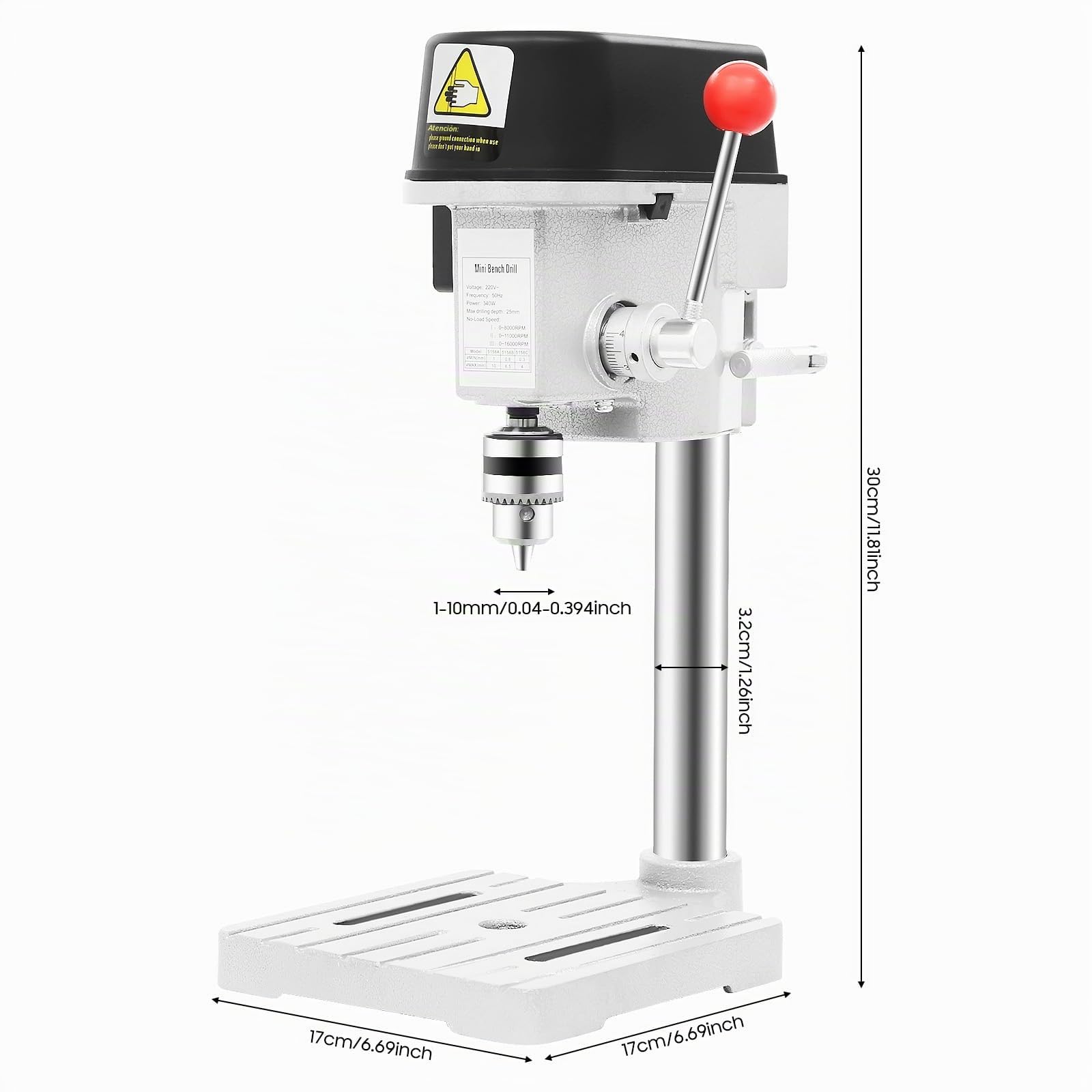 Taladro de Banco Portátil 340 W 3 Velocidades 0-16 000 rpm Profundidad Máxima de Taladrado 25 mm Motor Totalmente de Cobre, Taladro de Mesa para Bricolaje Modelismo Banco de Trabajo