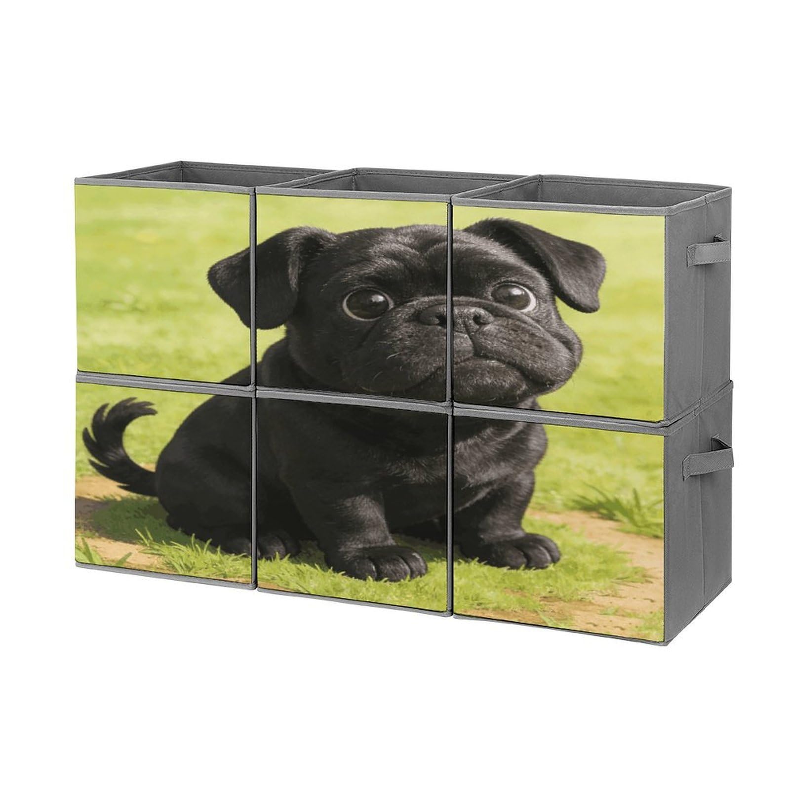 Fodpand Style Cartoon Black Bulldog Cube Bins With Double Handles,Set Of 6 Cube Organizer, Stackable And Foldable Storage Bins For Organization, Closet, Shelves, Offices
