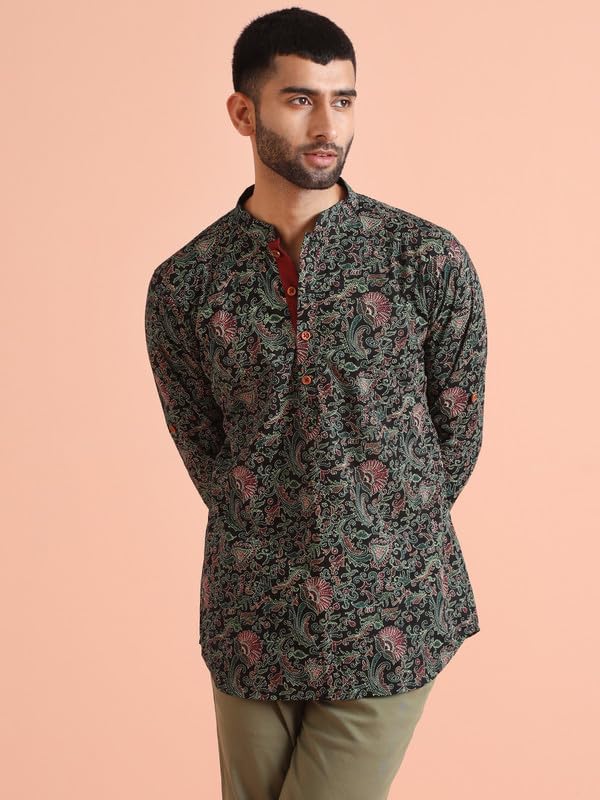 Image of KISAH Men's Short Kurta, Magenta Silk Blend, Woven Design Regular Fit Mandarin Collar Long Sleeves