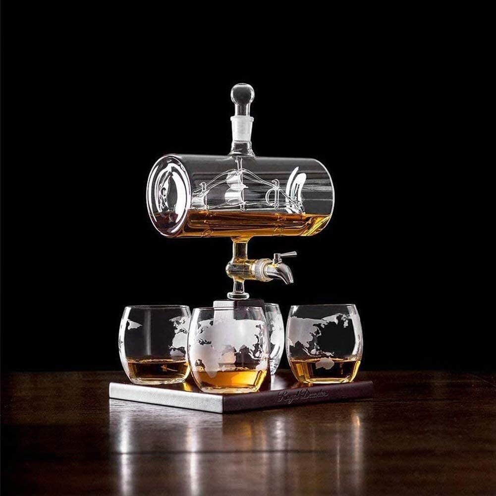 Stojak na butelki stojak na wino, stojak na kieliszki do wina, zestaw 4 kulistych szklanek, dozownik do wina, whisky, karafki na likier (kolor: przezroczysty, pojemność: 1100 ml)