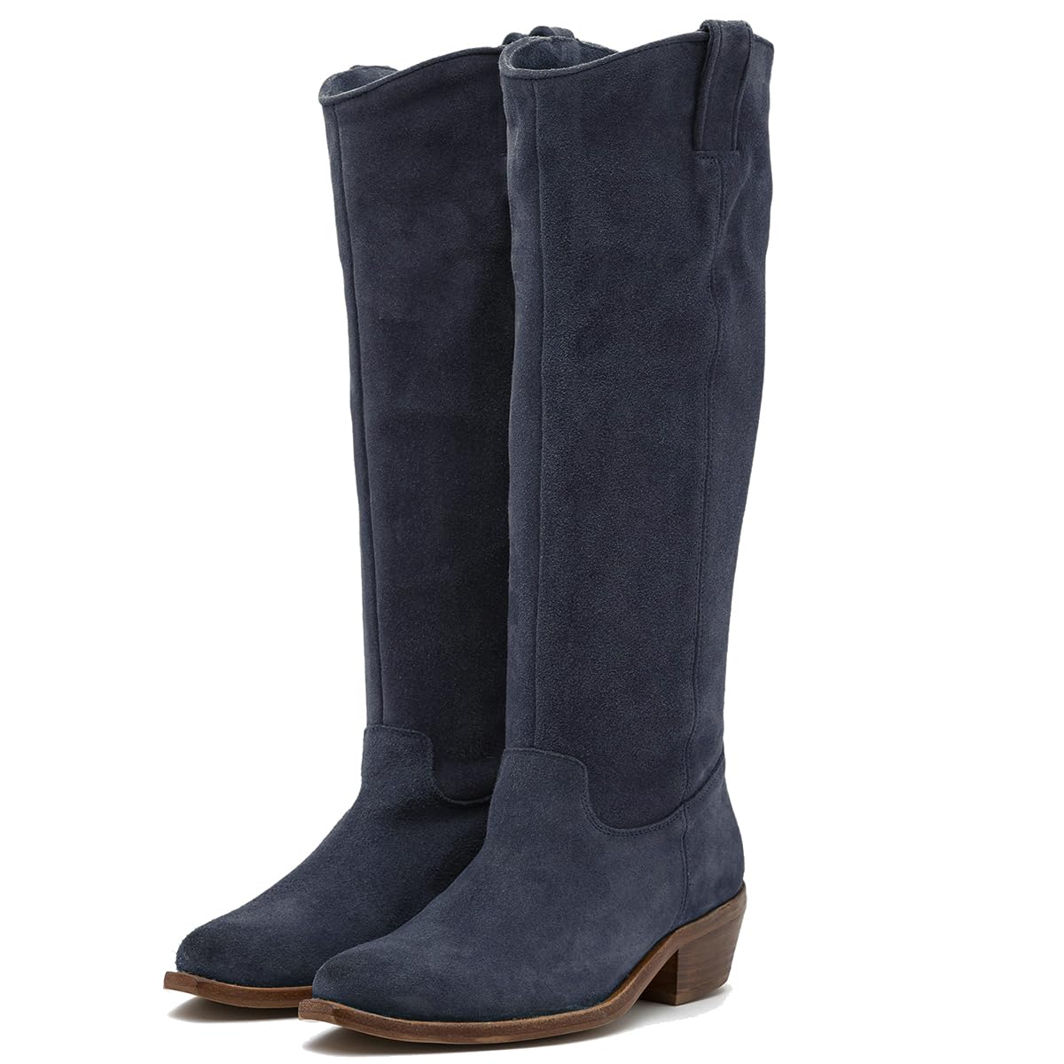 Women Low Chunky Stacked Heel Western Knee High Boots Slouchy Suede Pointed Square Toe Pull On Cowboy Boots