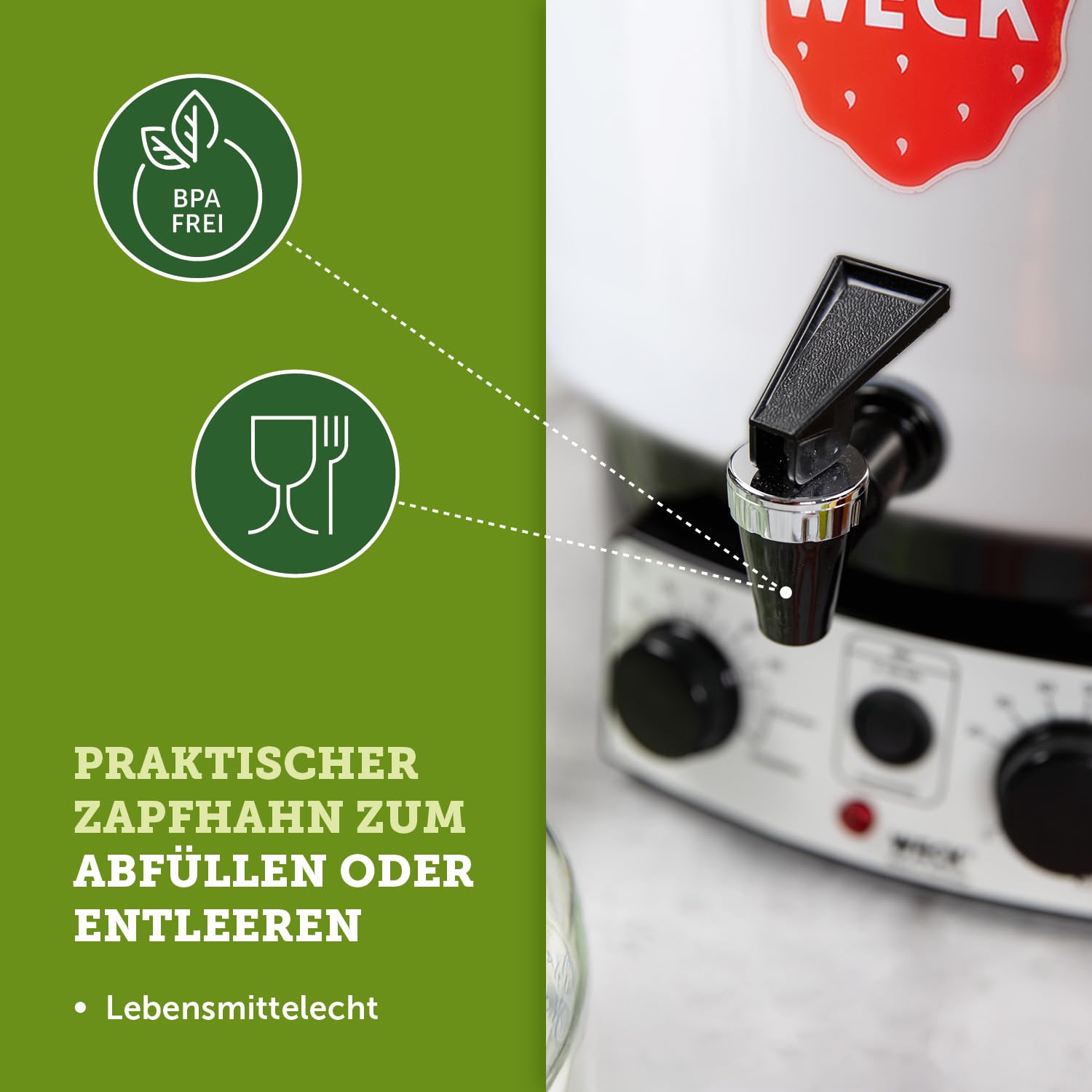 WECK Einkochautomat WAT35-A Kunststoff mit Präzisionsthermostat, Auslaufhahn & Zeitschaltuhr – 29L Einkochtopf, Glühweinkocher, Dampfentsafter, Einweckautomat – Made in Germany