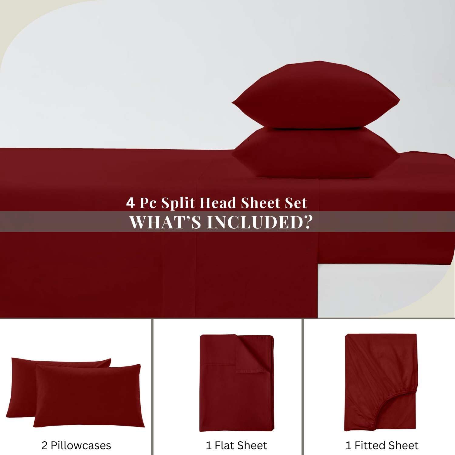 4 Piece Split Head Flex Queen Sheet Set for Sleep Number Bed, Ultra Soft Microfiber Sheets, 32" Down Fitted Cover Fits 15" Deep Pocket Mattress, 60" x 80", Burgundy Solid