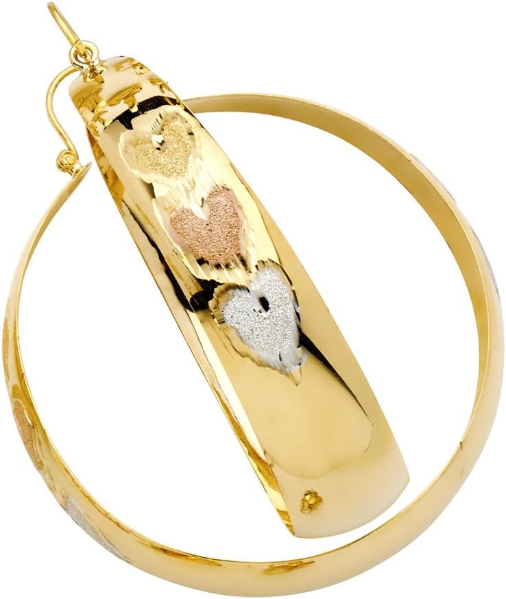 14k Tri Color Gold Etched Heart Bangle Hoop Earrings (50mm Diameter)
