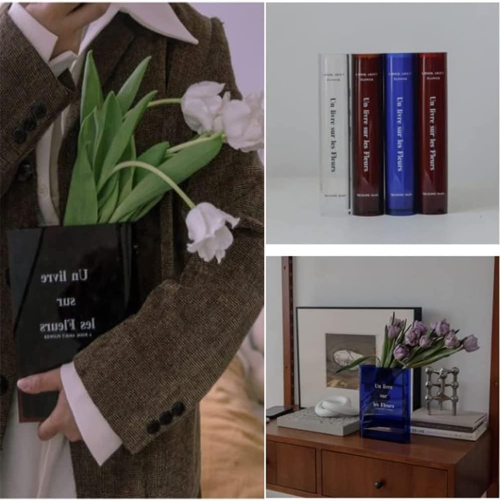 2023 New Book Flower Vase Clear, Clear Book Vase, 8 Inch Acrylic Clear Book Flower Vase, Cute Bookshelf Decor for Floral Arrangement & Home Decor (Red)