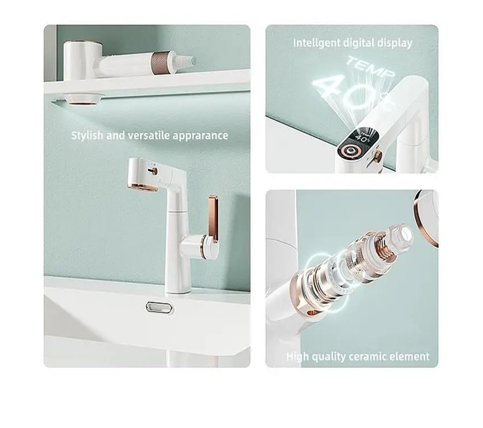Wielofunkcyjne baterie łazienkowe, wyciągana bateria umywalkowa, bateria zlewozmywakowa, Gourmet LED Temperatura kran 360° Armatura Żuraw Mosiądz do kuchni, łazienki, rodziny, hotelu(GoldGungrey)