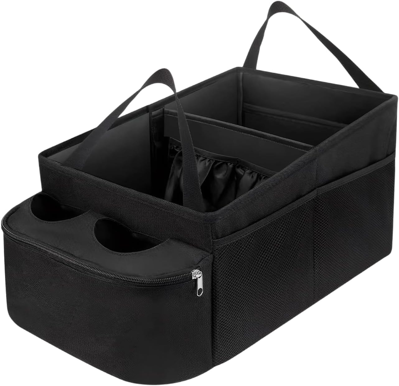 Car Seat Organiser With Cup Holders and Multiple Mesh Pockets for Front or Backseat, Multi Compartment Foldable Seat Organiser, Portable Waterproof Boot Storage Accessories for Kids Adults （Black）