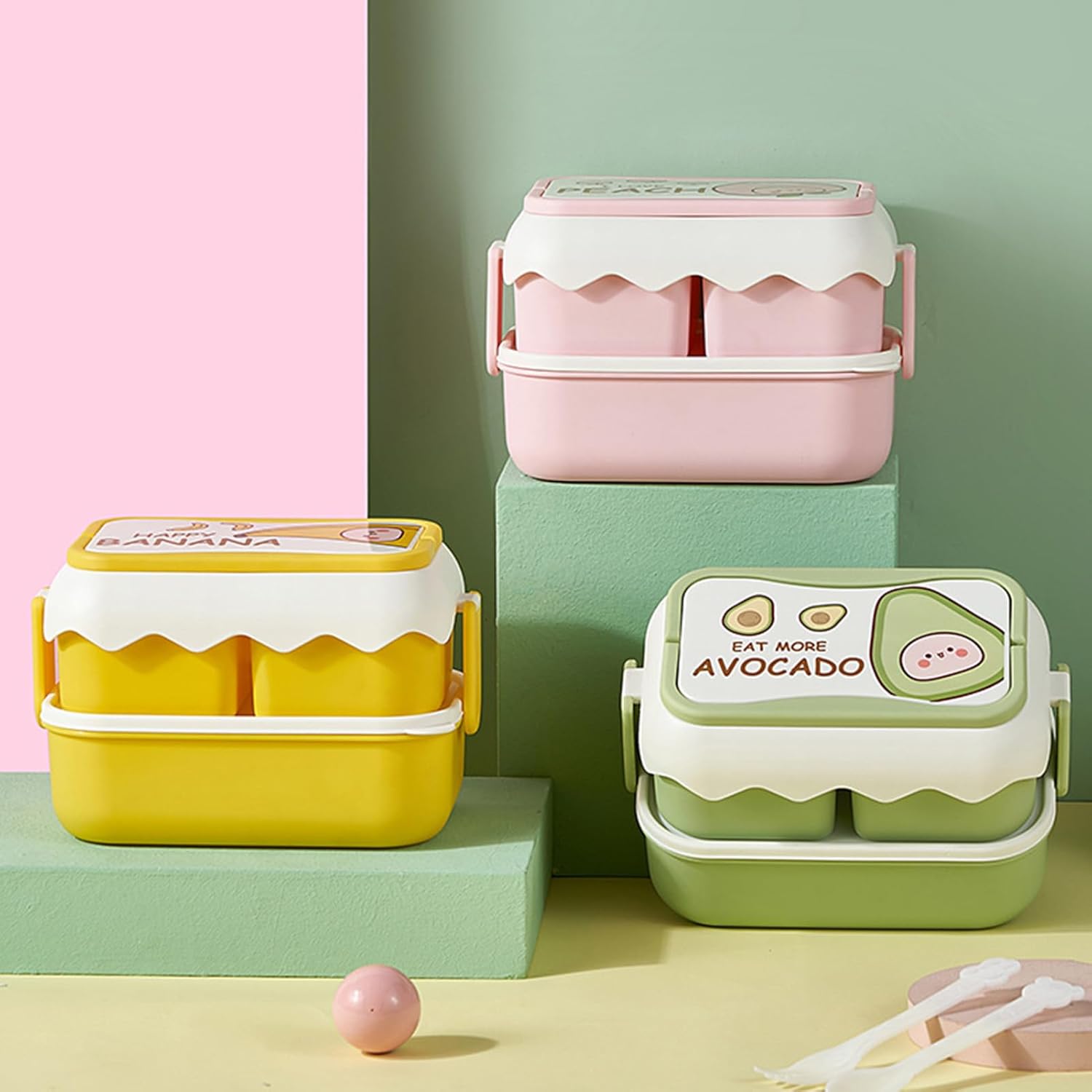 TOPINCN Cute Cartoon Microwaveable Lunch Box With Independent Compartment, Plastic Stackable Container (Pink)