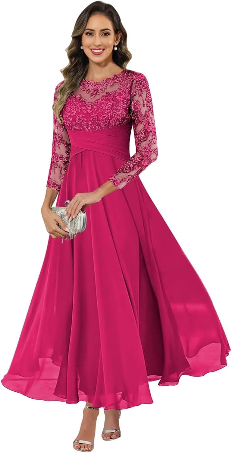 Mother of The Bride Dresses Tea Length - Lace Chiffon Half Sleeve Formal Wedding Guest Dresses for Women