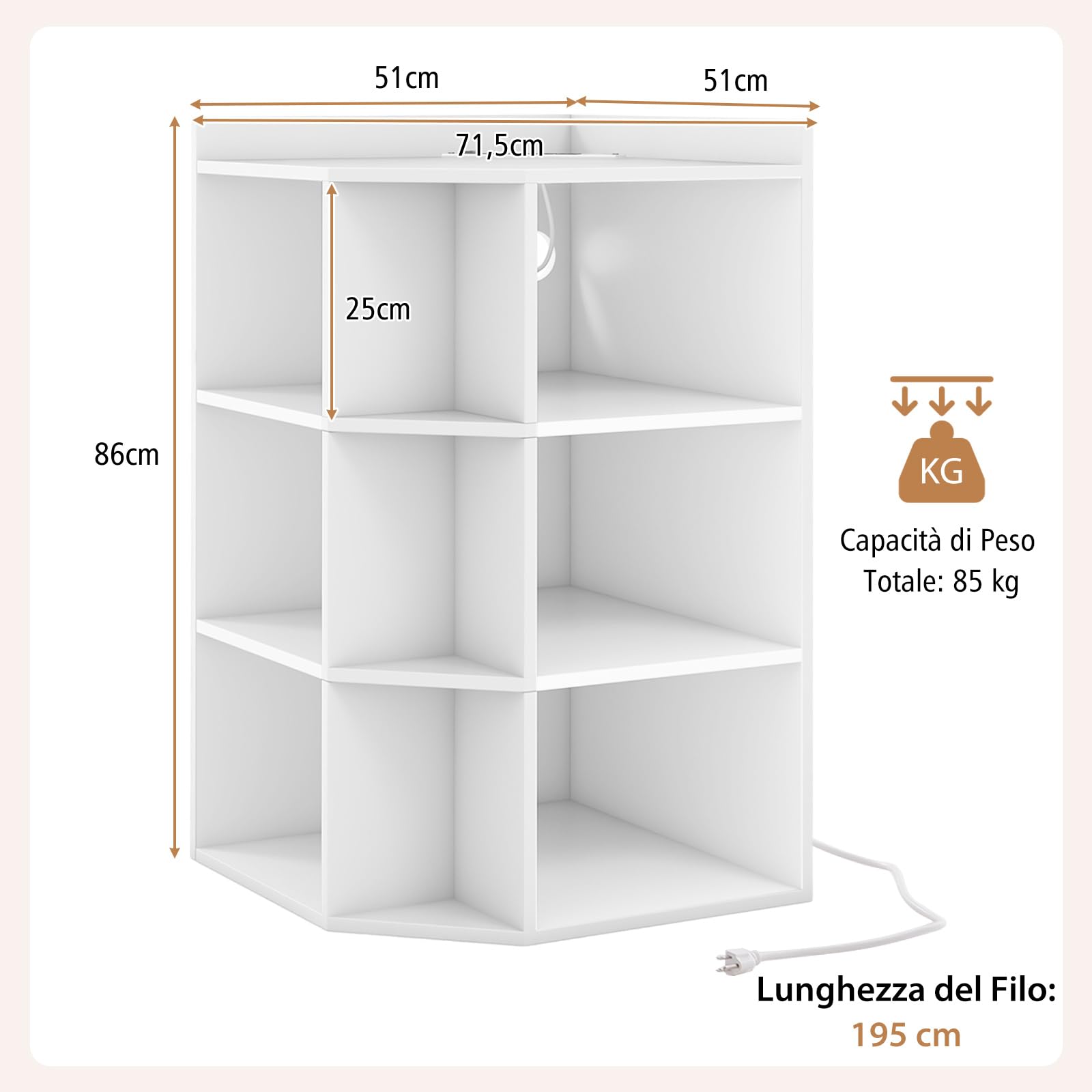 COSTWAY Mobile ad Angolo a 3 Livelli in Legno, Libreria Angolare Aperta con Stazione di Ricarica 9 Cubi 2 Porte USB e 4 Prese, Adatto per Spazi Ridotti, 51x71,5x86 cm (Bianco)