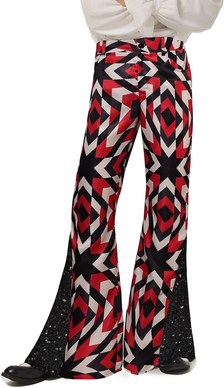 COREWO 70s Disco Pants Hippie Vintage Costume Dance Party Nightclub Sequin Bell Bottom Printed Pants (XX-Large, Jeans Pants) : Clothing, Shoes & Jewelry