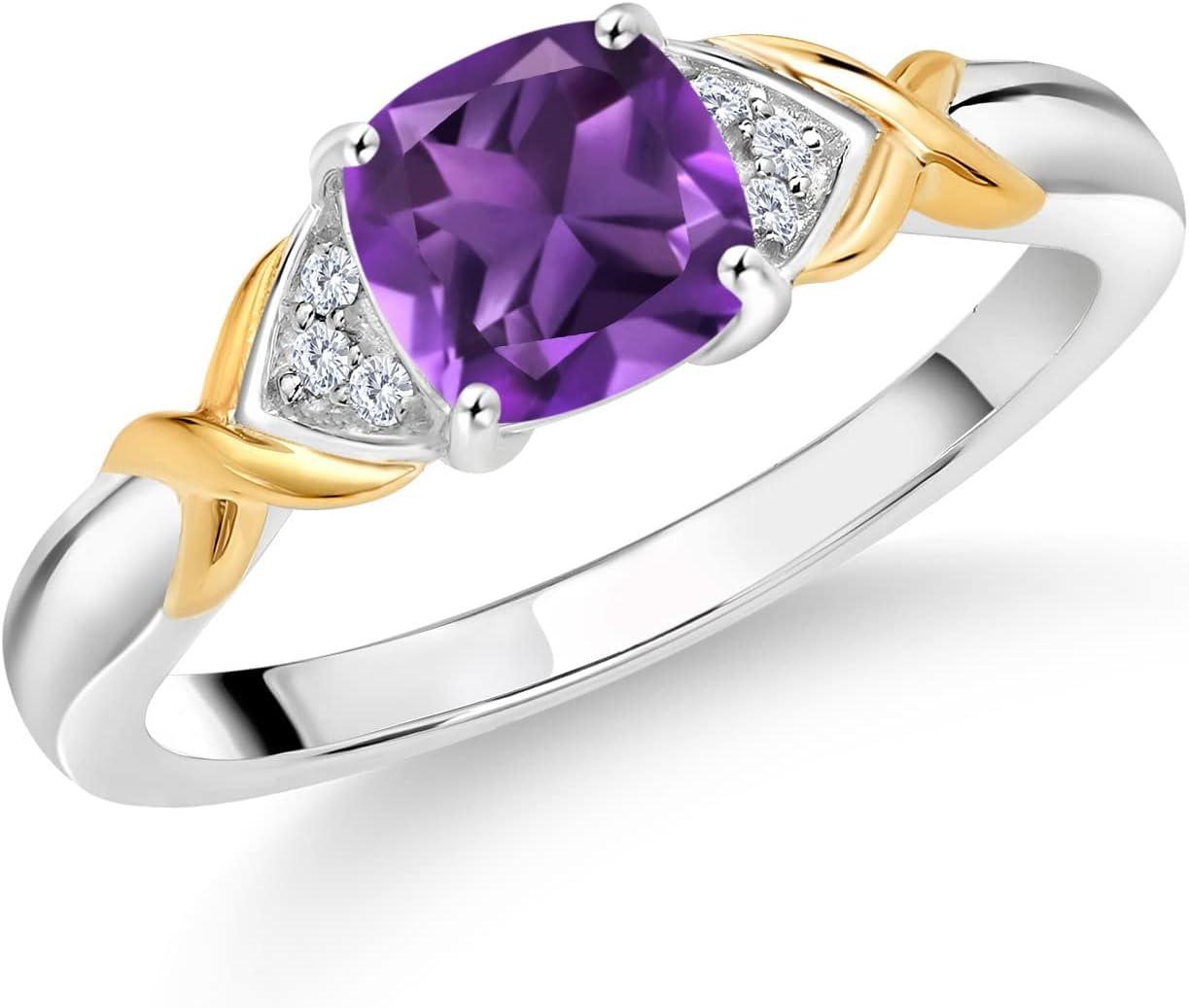 Gem Stone King 2-Tone Engagement Ring For Women | 925 Silver and 10K Yellow Gold | Gemstone Birthstone | 6MM Cushion Cut | Wedding Anniversary Promise Ring | Available In Size 5, 6, 7, 8, 9