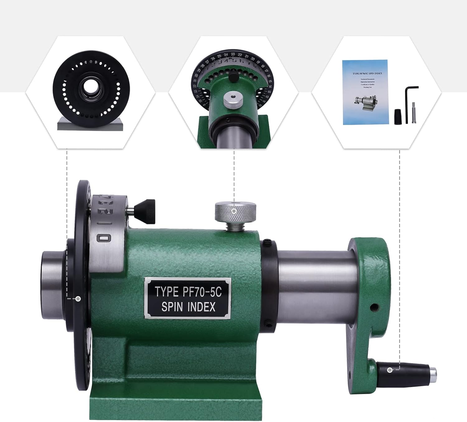 Spin Indexing Fixture, Precision Collet Spin Index Fixture PF70-5C Spin Index ± 4' Accuracy,Worktable Milling Spin Jig 1-1/8" Standard 5C Collet for Milling, Drilling, Fixture Boring