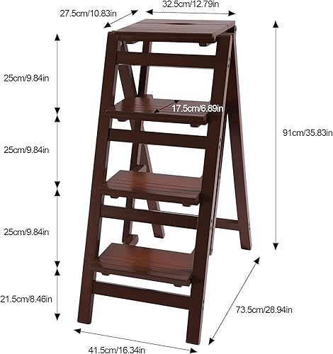 Miniatura 4 de Taburete plegable de madera portátil de 4 escalones, escalera de biblioteca, carga máxima de 220 libras, para el hogar, tienda, oficina, cocina,