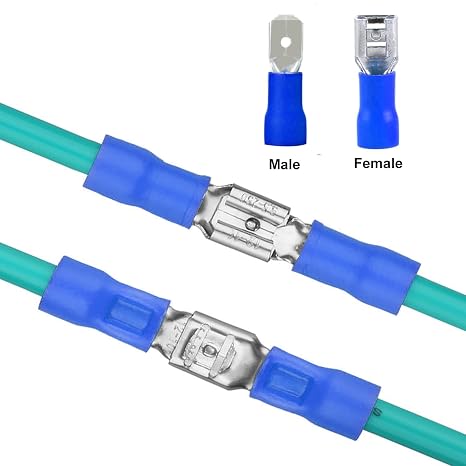 1000pcs Female Spade Connectors 1/4 6.3mm Vinyl Insulated Quick Disconnect Terminals, 16-14 AWG Tin-Plated Brass Crimp Connectors-Blue