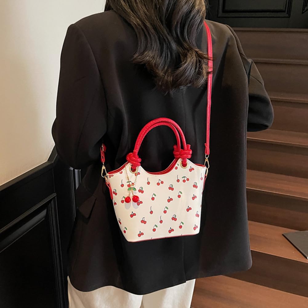 PU Leather Bucket Cherry Printed Crossbody Bag for Women Cute Y2K Top-handle Bag Fruit Print Small Tote Handbag Gifts - Image 3