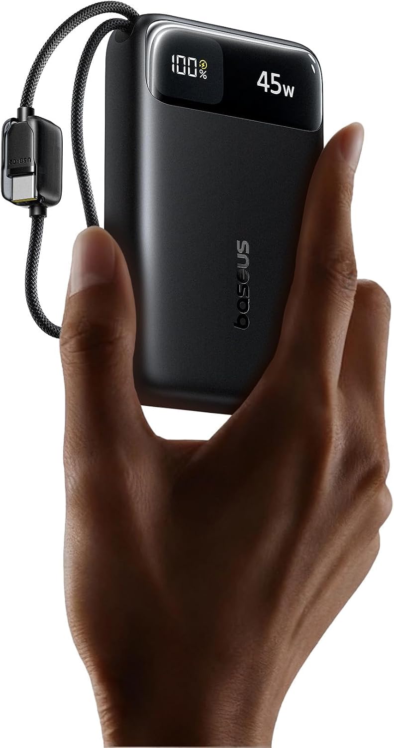 Baseus 20000mAh Compact Portable Charger 45W, CCC Certified Power Bank Built-in USB-C Cables, Travel Essential PD Fast Charging Battery Pack for iPhone 18/17/16 Series Galaxy S25/S24 Ultra Google iPad