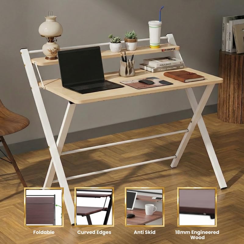Image of InnoFur Meleti Folding Study Desk (Large)|Foldable Office Table|Adjustable Laptop Cum Computer Table Big (Beige, Large)